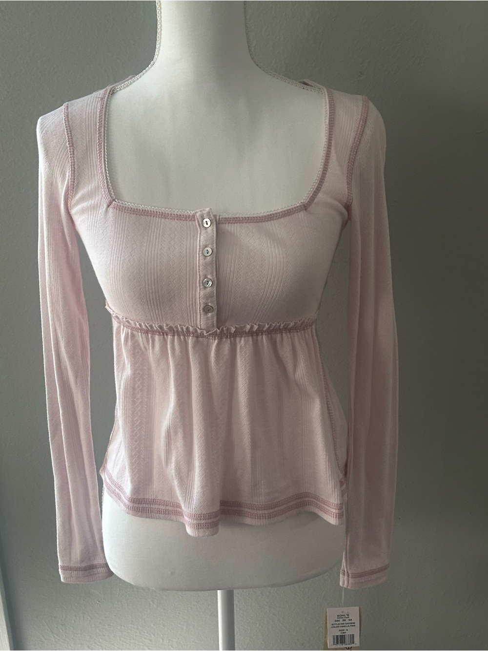 Light Pink Square-Neck Long Sleeve Henley Top